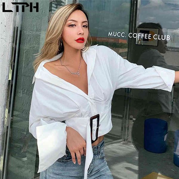 

ltph arrival autumn blouse women simple solid color england style vintage slim belt design fashion short shirt 210427, White