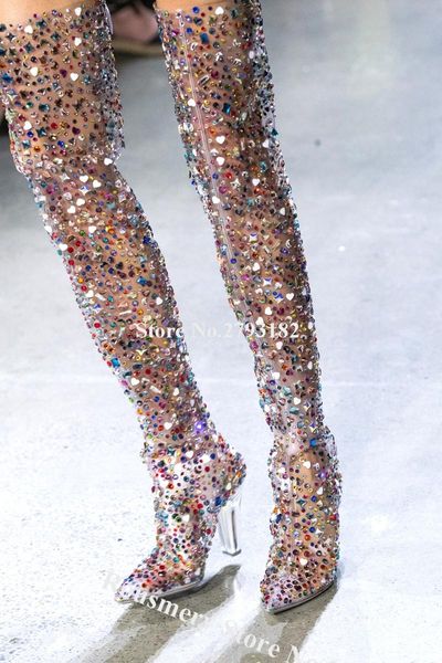 

bling colorful rhinestones pvc pointed toe over knee chunky heel bootsl diamonds crystals long clear transparent boots, Black