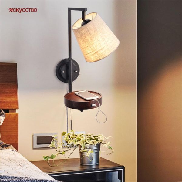 

wall lamp nordic creative multifunction wood fabric led with shelf plug wire switch for living room study reading night lights