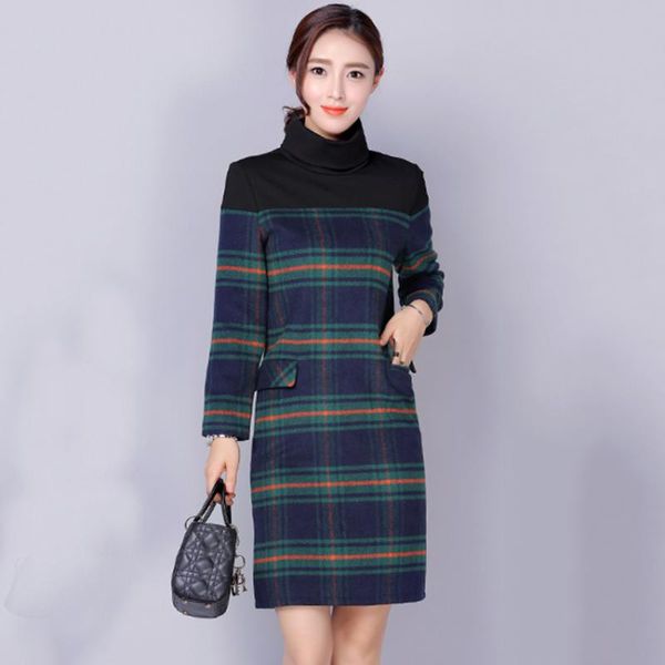 

casual dresses winter fall women's turtleneck long sleeves patchwork plaid vestido de festa plus size green bodycon dress female 1e53a, Black;gray