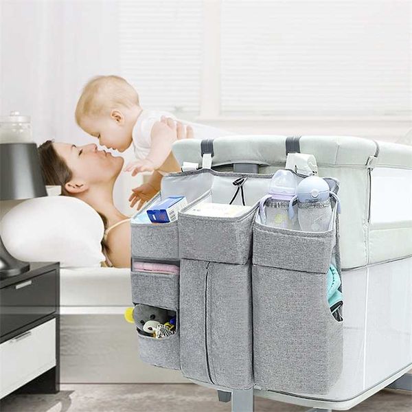 Gray Bebê Berço Organizador Linho Fralda Saco Cama Saco De Armazenamento Pendurado Para Bebê Essentials Fralda Fralda De Armazenamento De Armazenamento Saco De Cama De Cama 211025