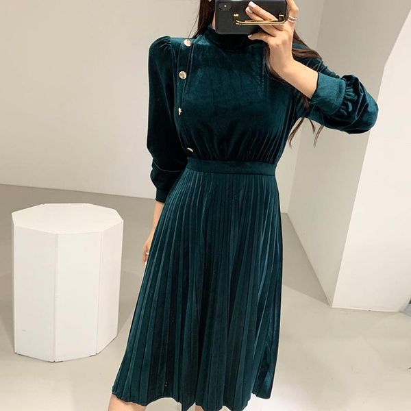 

casual dresses vintage button front velvet long dress korean spring autumn winter sleeve women's elegant pleated blue black, Black;gray
