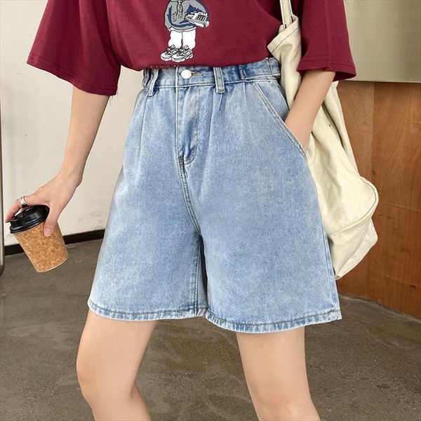 

spring summer retro women short high waist blue denim casual wide leg loose straight jeans ladies, White;black