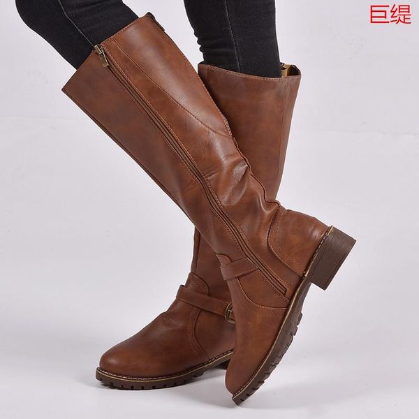 

boots mature leisure women knee high round toe med platform autumn winter square heel buckle zip ladies shoes, Black