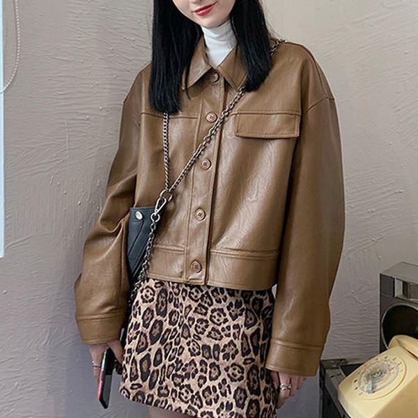 

women's leather & faux vintage y2k jacket women korean thin loose moto female 2021 spring coats large size clothing, Black