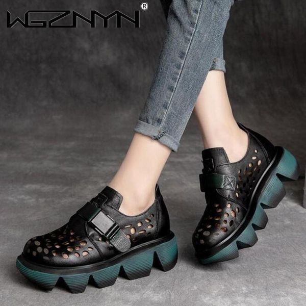 

leather cool boots women 2021 summer hollow out women's sandals british high round head retro perforated buckles, Black