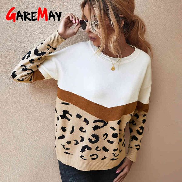 

leopard animal print patchwork autumn winter ladies knitted sweater women o-neck full sleeve jumper pullovers khaki 210428, White;black