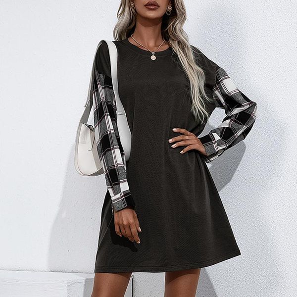 

casual dresses women mini dress summer long sleeve patchwork plaid for fashion round neck loose harajuku, Black;gray