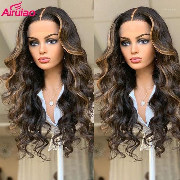 

colored ombre brown body wave wig preplucked baby hair highlight hd transparent t part lace for black women remy human hair1, Black;brown