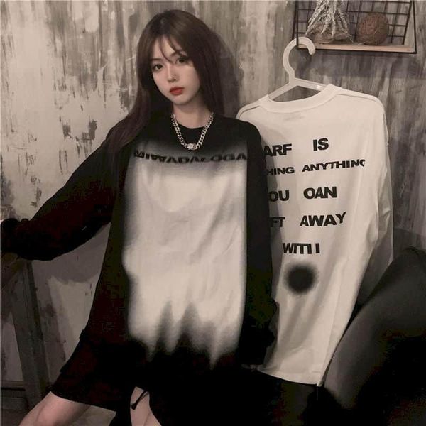

women's t-shirt simple printed loose autumn retro korean style niche casual slim round neck long-sleeved neutral, White