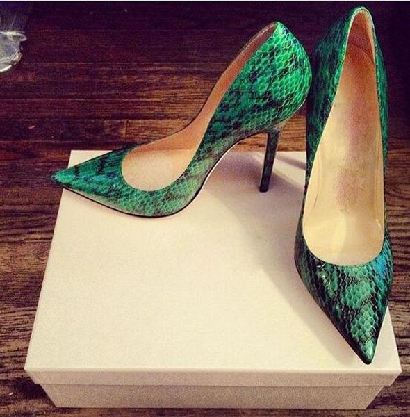 

ladies green python leather stiletto heels pumps pointed toe female spring slip on snakeskin party high for woman dress shoes, Black