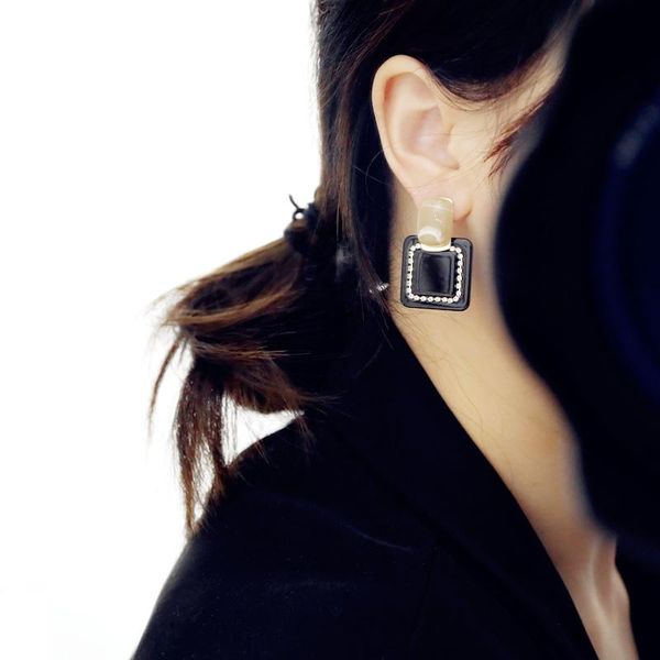 

stud korean fashion belt drill earrings contrast color acrylic square s925 silver needle short, Golden;silver
