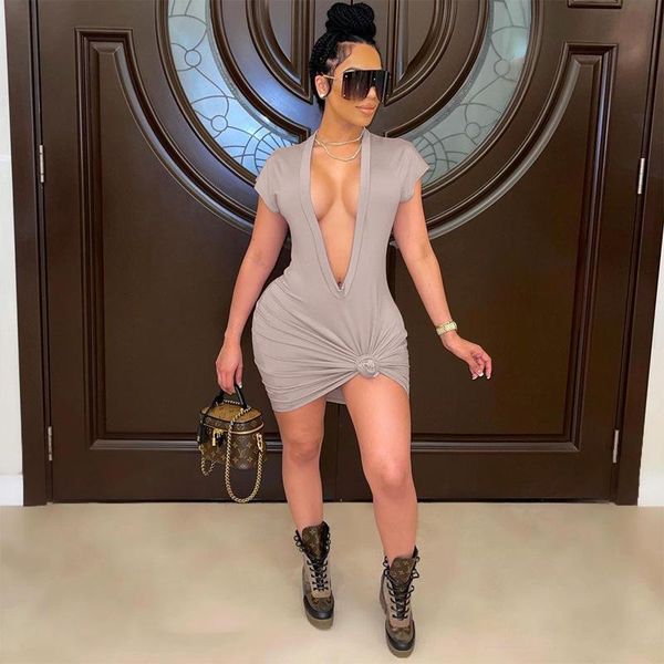 

casual dresses solid color short sleeve deep v neck mini dress close-fitting summer women fashion streetwear clothing, Black;gray