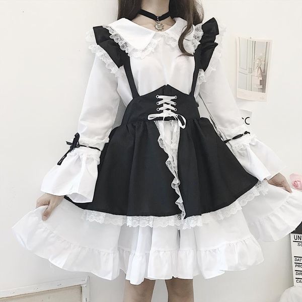 

casual dresses new black and white gothic style maid costume lolita dress cute japanese westidos de fiesta noc party vestidos qlos, Black;gray