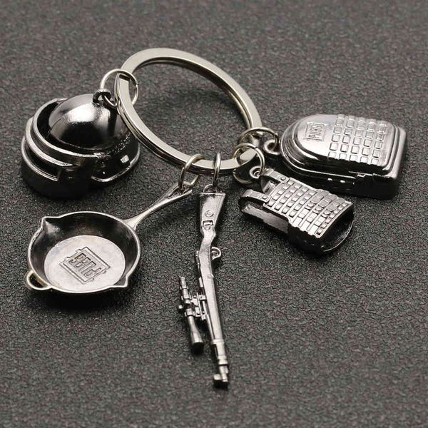 

keychains pubg keychain playerunknowns battlegrounds backpack armor helmet pan 98k flare gun keyring key chain ring army jewelry wholesale, Silver