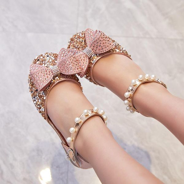 

girls princess shoes bling pearls ankle strap sandals glitter dance wedding show cover toe kids soft anti-slip toddlers, Black;red