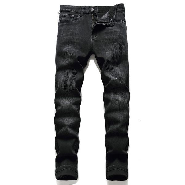 

men's jeans autumn black printing slim italy brand fashion personality straight elastic trousers embroidery classic style cotton, Blue