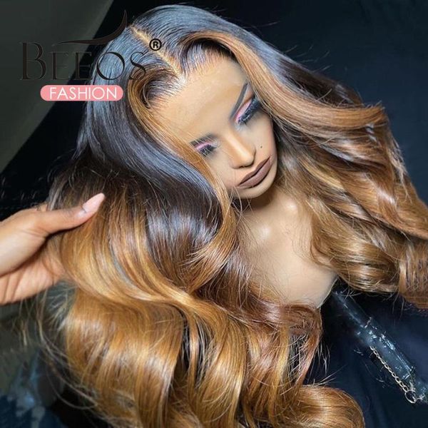 

highlight ombre colored body wave 13*6 lace front human hair wigs brazilian remy 180% pre-plucked honey blonde, Black;brown