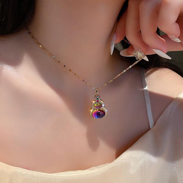 

chains titanium steel opal gourd necklace european and american exaggerated personality web celebrity vintage collarbone chain, Silver