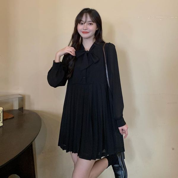 

casual dresses 2021 autumn style plus size women's temperament loose pleated skirt long-sleeved dress, Black;gray