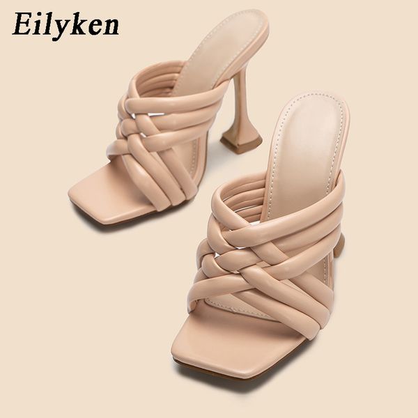 

eilyken 2021 summer new design black square toe high heels narrow band women slippers gladiator sandal slides shoes c0410