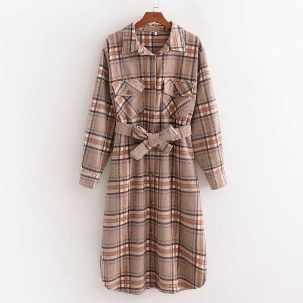 

women plaid woolen trench autumn fashion full sleeve long coat 210602, Black