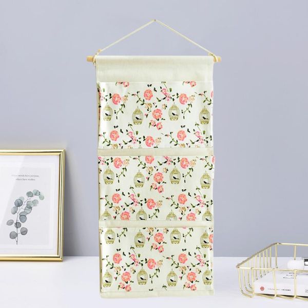 

storage bags cotton and linen hanging bag three-pockets wall door closet books sundries organizer