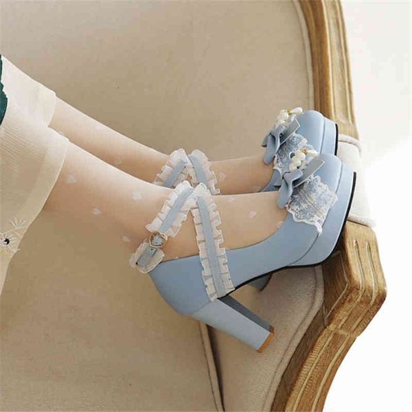 

dress shoes pxelena large size 34-48 women cross tied lolita spring fall lace ruffles string beads bow tie party pumps blue c8gv, Black
