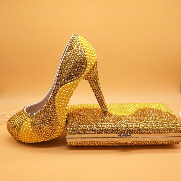 

gold pearl women wedding shoes with matching bags female arrival party dress bride high heels platform, Black