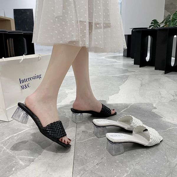 

slippers 2021 summer women shoes clear transparent square high heels casual woman slides mules solid ladies, Black