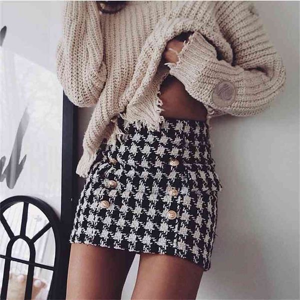 

high street fashion runway designer skirt women's lion buttons double breasted tweed wool houndstooth mini 210702, Black