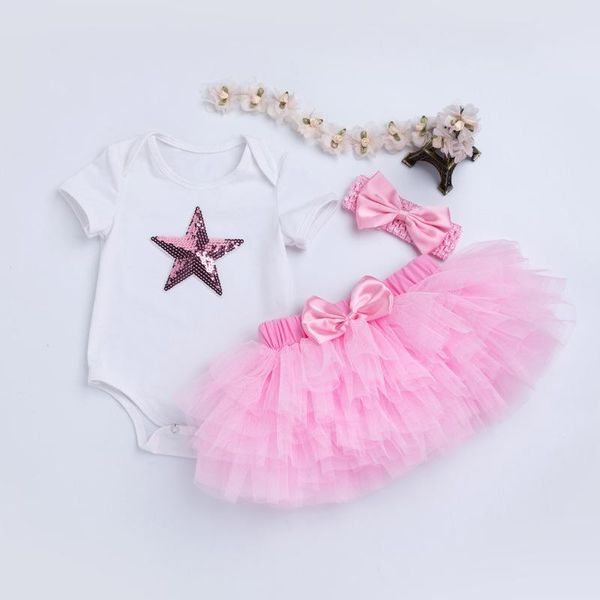 

infant festival clothes spring and summer baby girls cartoon star soft short sleeve triangle romper pink princess dress sets clothing, White