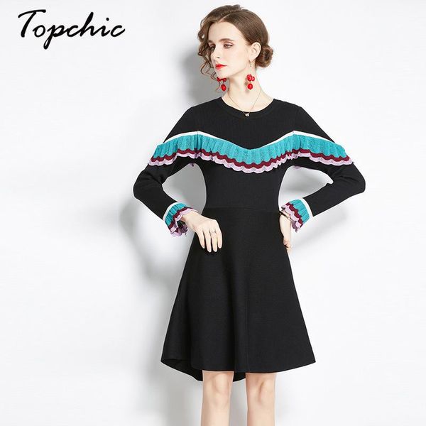 

casual dresses elegant women ruffles knitted dress 2021 autumn female long sleeve sweater slim vintage retro party, Black;gray