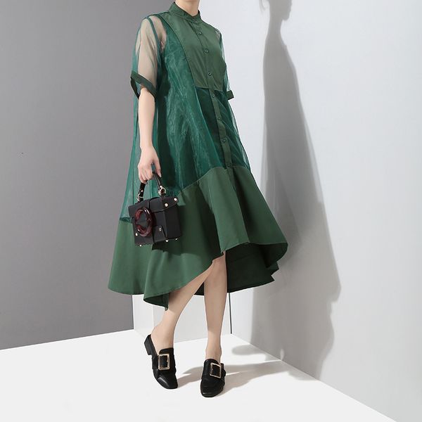 

casual dresses women green organza irregular shirt stand collar half sleeve loose fit fashion tide spring summer jt581, Black;gray