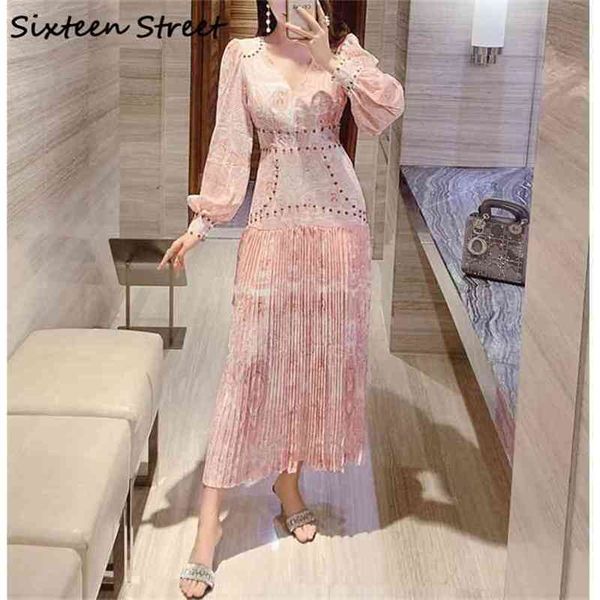 

fashion pink long dress for woman rivet printed high waist elegant maxi vestidos lady v-neck party dresses female spring l 210603, Black;gray