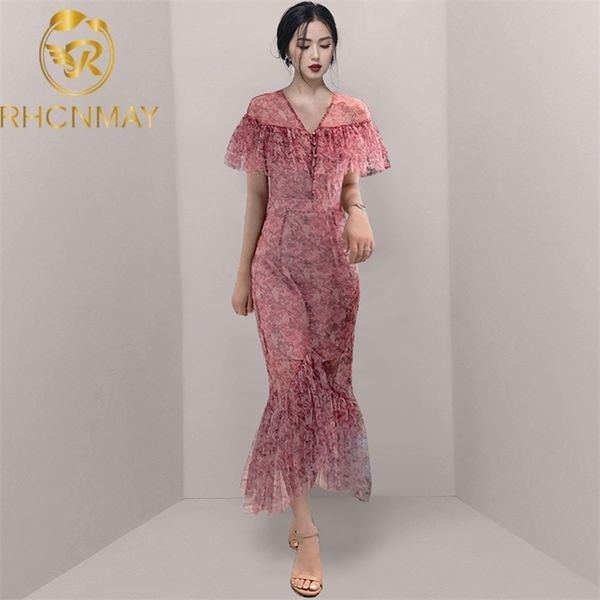

french style street wear print floral dress women short sleeve ruffle mermaid ladies summer clothes for 210520, Black;gray