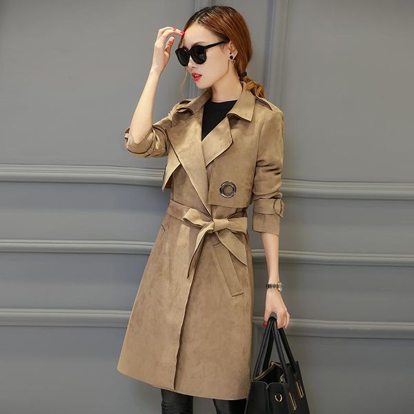 

women's trench coats fashion 2021 spring autumn long sleeve windbreaker coat women suede with belt y486, Tan;black