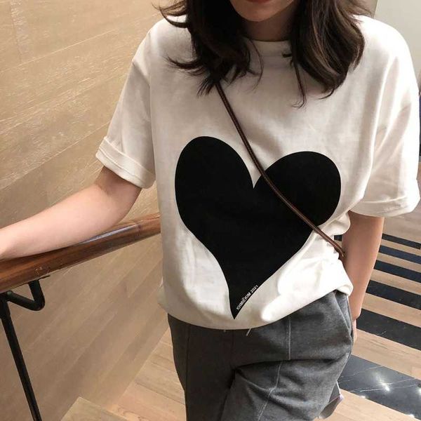 Sommer Kurzarm Oansatz Herz Druck T-shirt Frauen Koreanische Mode Tops Lose Beiläufige Süße Weibliche T-shirt 13A254 210525