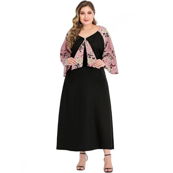 

plus size dresses dress women 2021 autumn long sleeve floral print patchwork bow tiedress elegant contrast color black maxi work