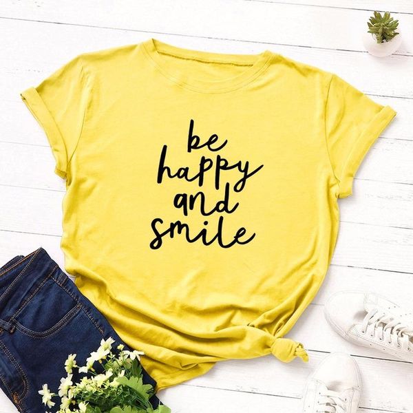 

women's t-shirt summer women t shirt s-5xl plus size cotton letters be happy and smile print short sleeve tees casual o-neck female ts, White