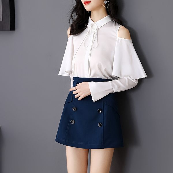 

jackets off shoulder blouse spring fashion women turn-down collar long sleeve black white casual party shirt blusas, Black;brown