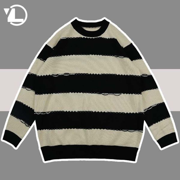 

men's sweaters retro color block striped men harajuku japanese high street oversize pullover women casual college sweater couple, White;black
