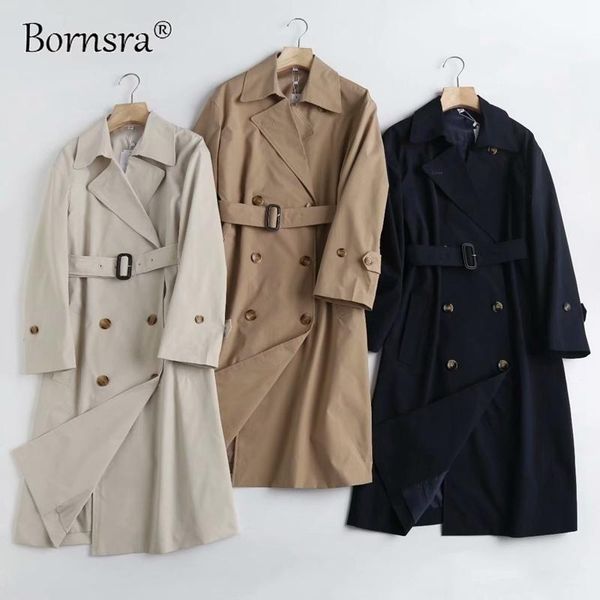 

women's jackets bornsra 2021 autumn women england style classic long coat elegant sleeve with blet office lady coats cotton female, Black;brown