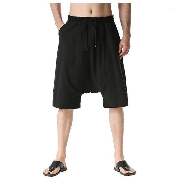 

men's shorts casual drawstring solid loose pocket knee length harem pants, White;black