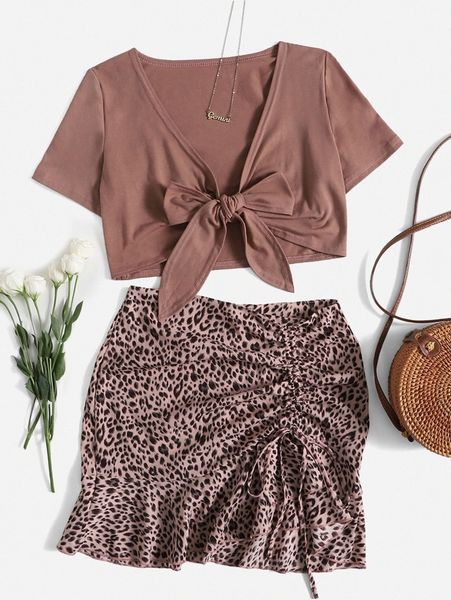 

tie front & leopard print ruched skirt l888#, White