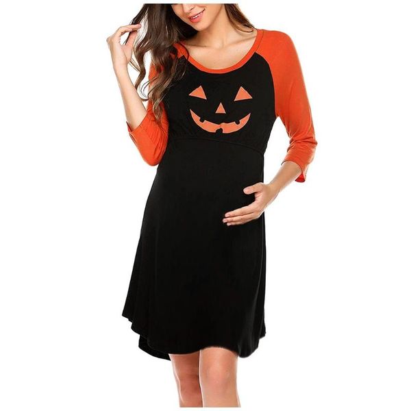 

maternity dresses sagace halloween 3/4 sleeve pumpkin printed clothes for pregnant women nursing dress breastfeeding vestido, White