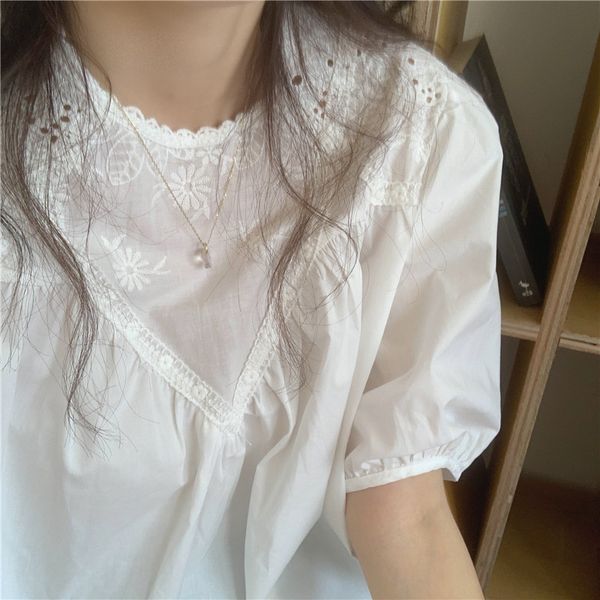 

women korean style chic french blouse summer loose slimming all-match embroidered shirt fashion elegant solid colour shirt, White