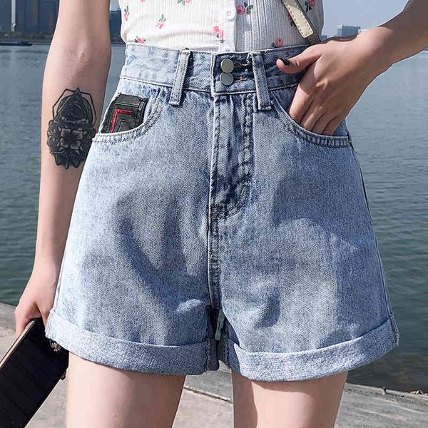 Свободные джинсовые шорты Брюки Летняя высокая талия разорванные джинсы широкие ноги тощие джинсы женщины 587i 210420