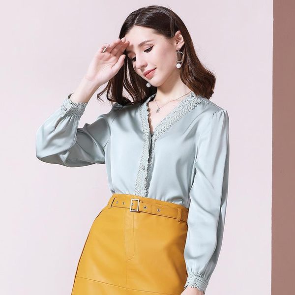 

women's blouses & shirts women and blue chiffon lace floral 2021 summer office long sleeve casual plus size loose, White