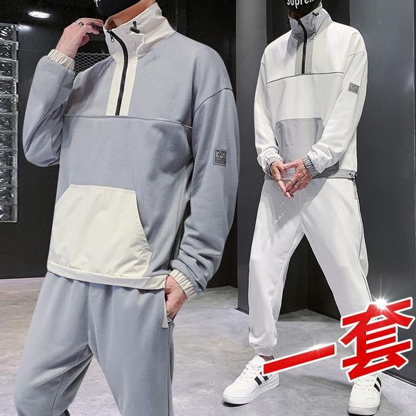 

men's tracksuits plus 8xl- fashion hip hop men patchwork jacket sets 2021 tracksuit suit workwear jackets+pants male cargo coats, Gray